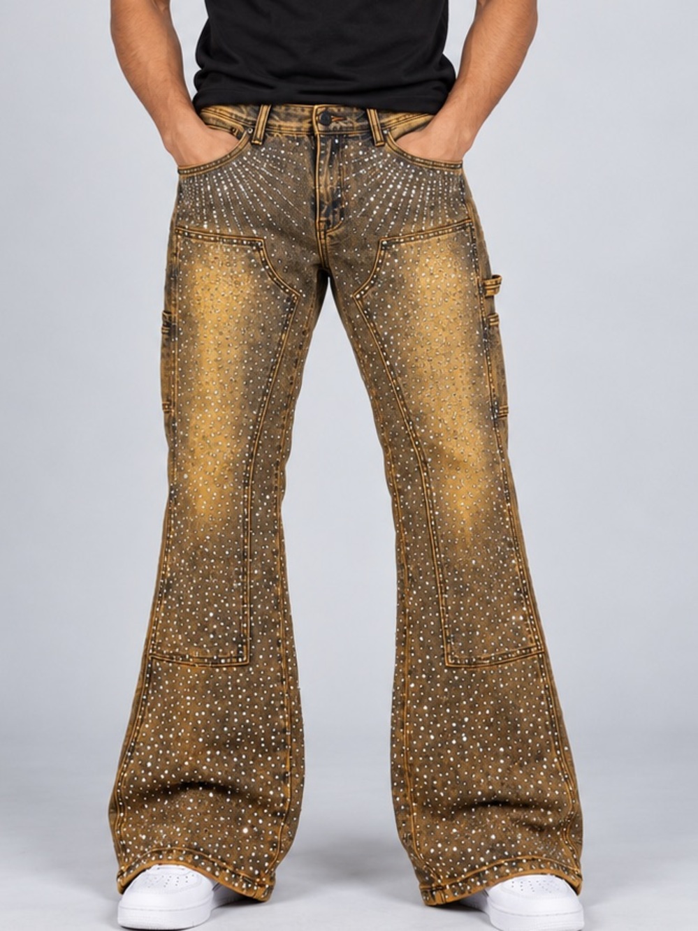 Kindred Vegas allover Rhinestone Flare Jeans Mens size 30x36 Brown Carpenter Y2K